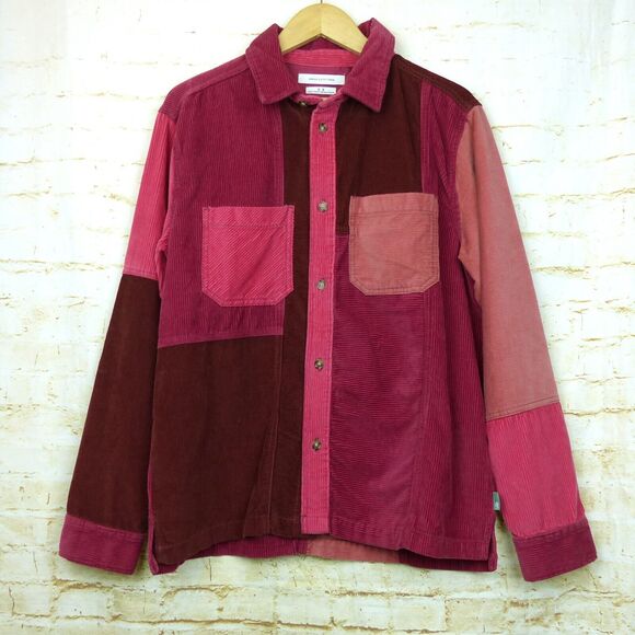 Urban Outfitters Corduroy Shacket Mens M Red Color Block Button Shirt Gorpcore - Picture 1 of 13